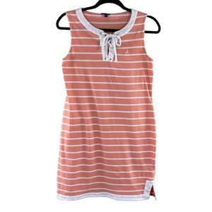 Nautica Women’s Coral and White Striped Lace Up Collar Mini‎ Dress Sz M